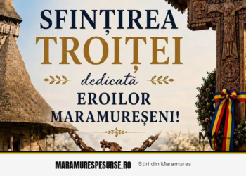 Troiță și catarg cu drapelul României în Glod, Maramureș — voluntari NEAMUNIT
