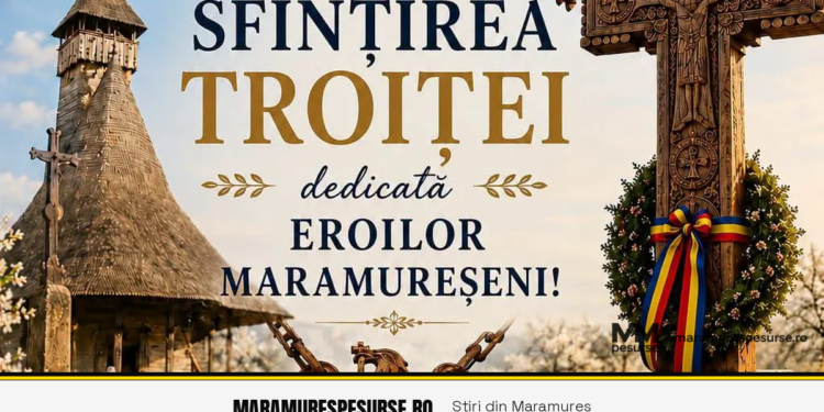 Troiță și catarg cu drapelul României în Glod, Maramureș — voluntari NEAMUNIT